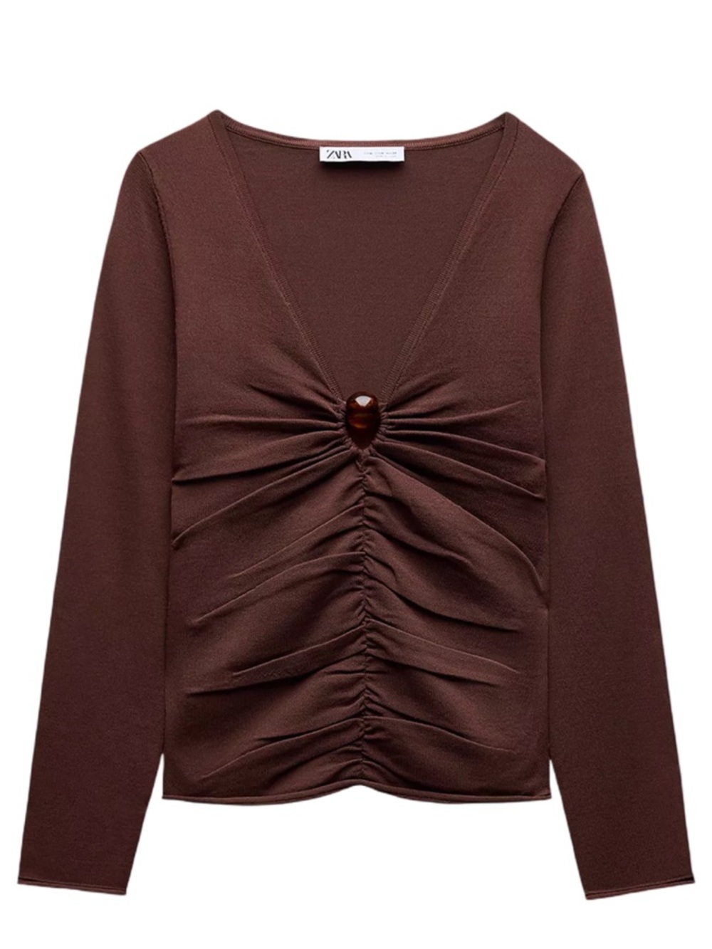 Zara Chocolate Brown Ruched Long-Sleeve Knit Top with Center Accent